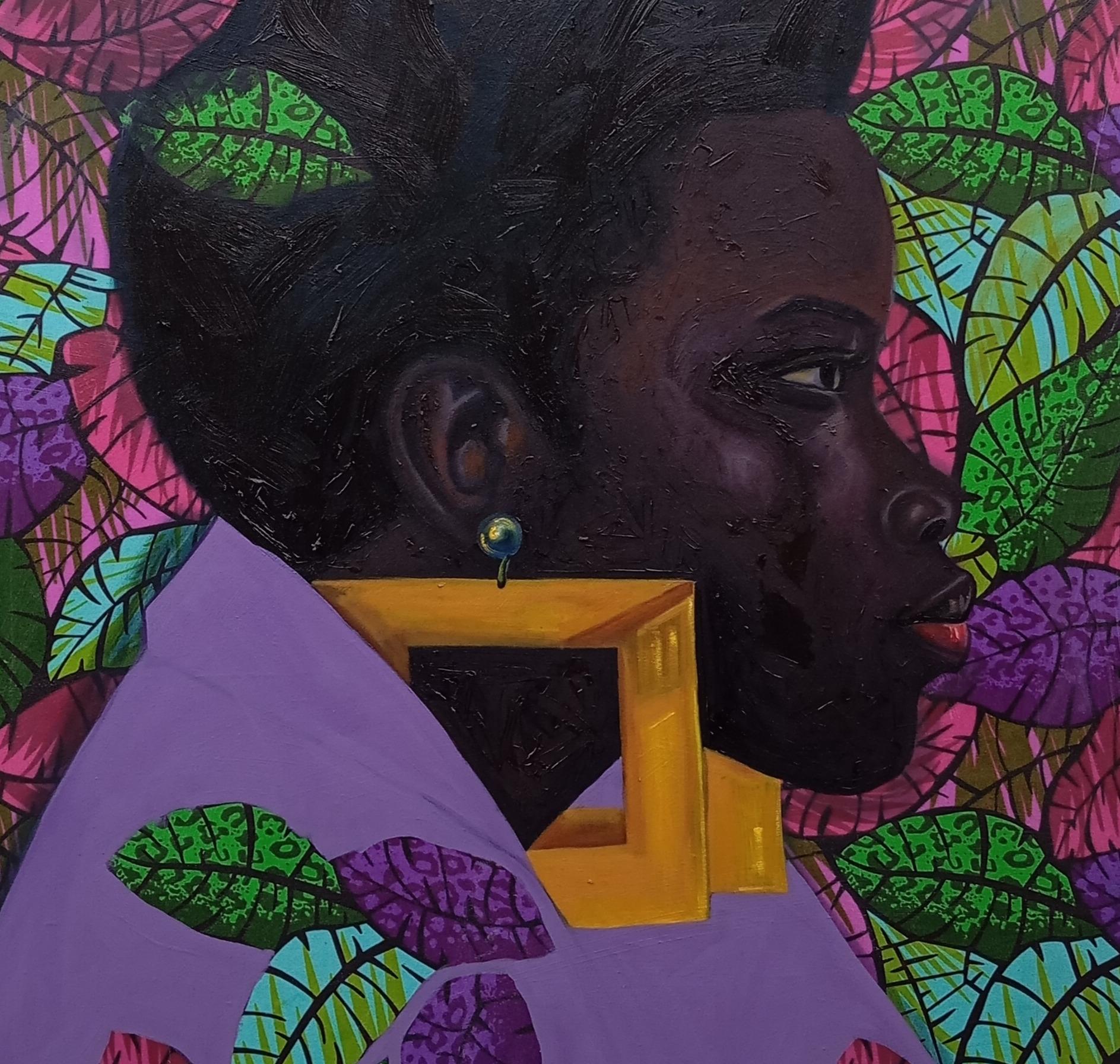 Este llamativo cuadro capta el regio perfil de una mujer negra envuelta en una prenda púrpura adornada con vibrantes motivos de hojas de Ankara. Su mirada profunda y contemplativa y la nítida geometría de su atrevido pendiente cuadrado amarillo se