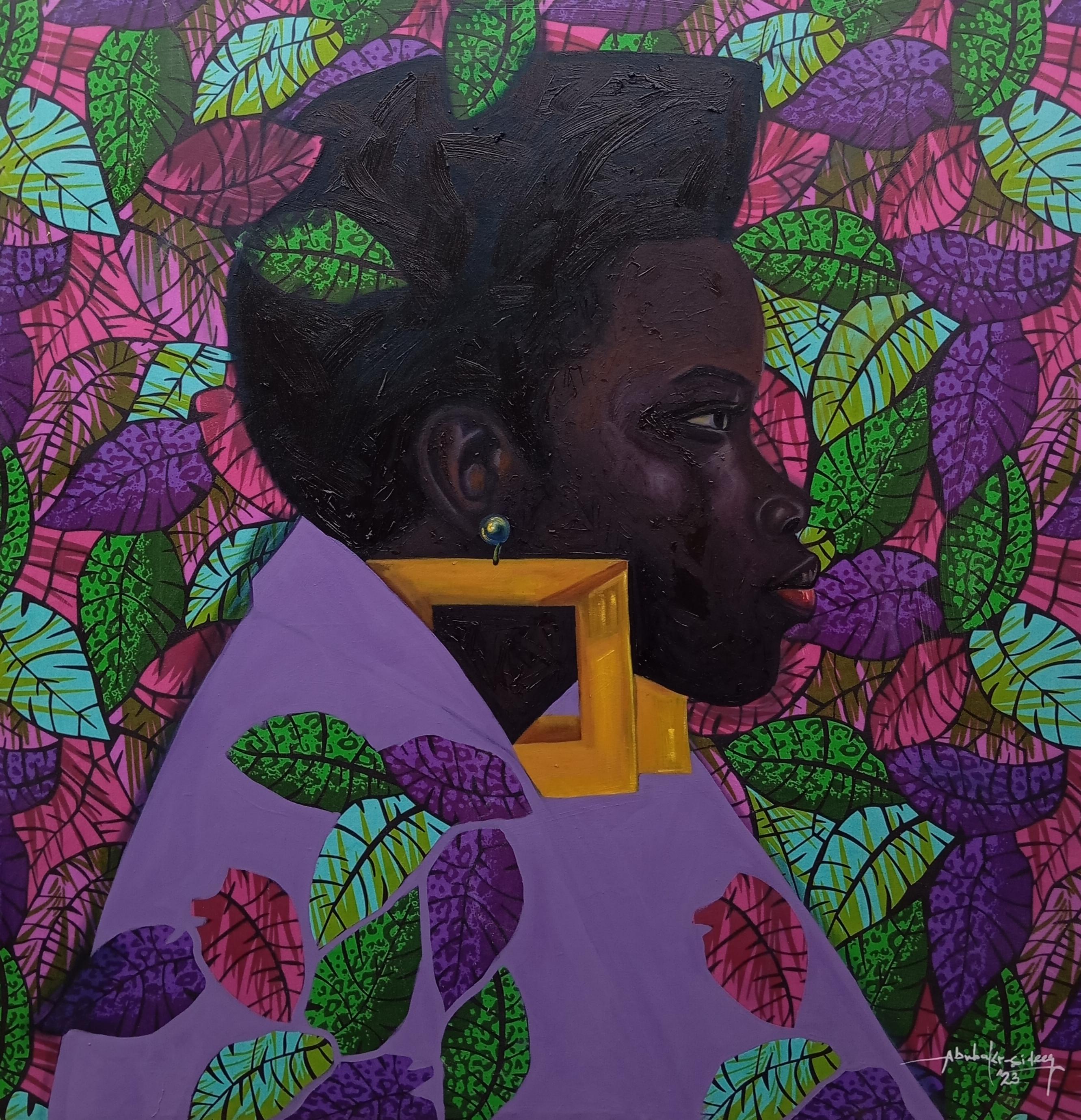 Figurative Painting de Bakare Abubakri-sideeq Babatunde - Veiled in Bloom - Siglo XXI, Contemporáneo, Figurativo, Técnica mixta, Mujer