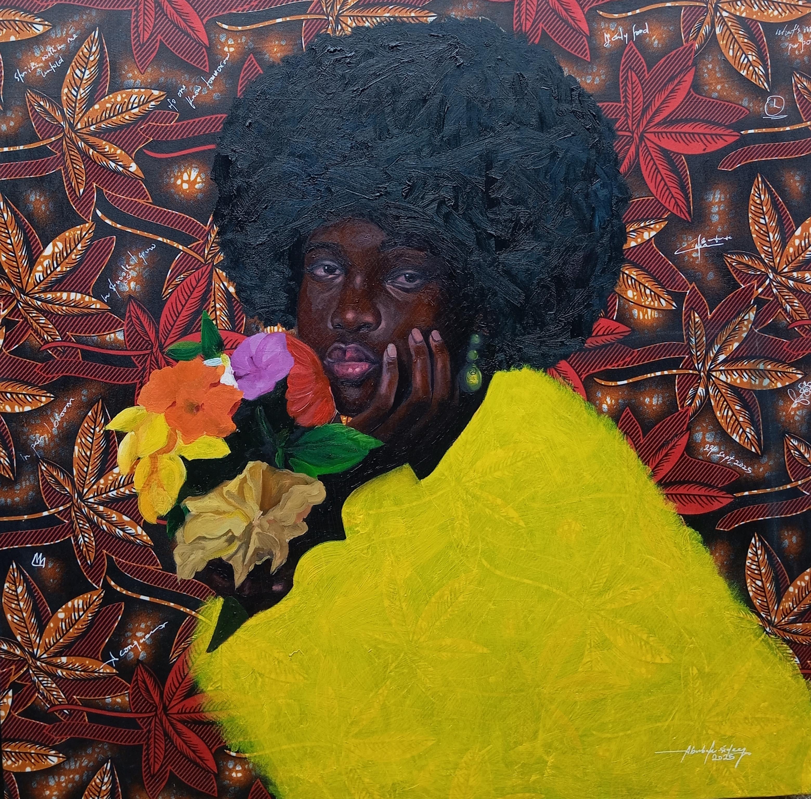 Bakare Abubakri-sideeq Babatunde Figurative Painting - Waiting To Blossom -21st Century, Contemporary, Figurative, Mixed Media, Fabrics