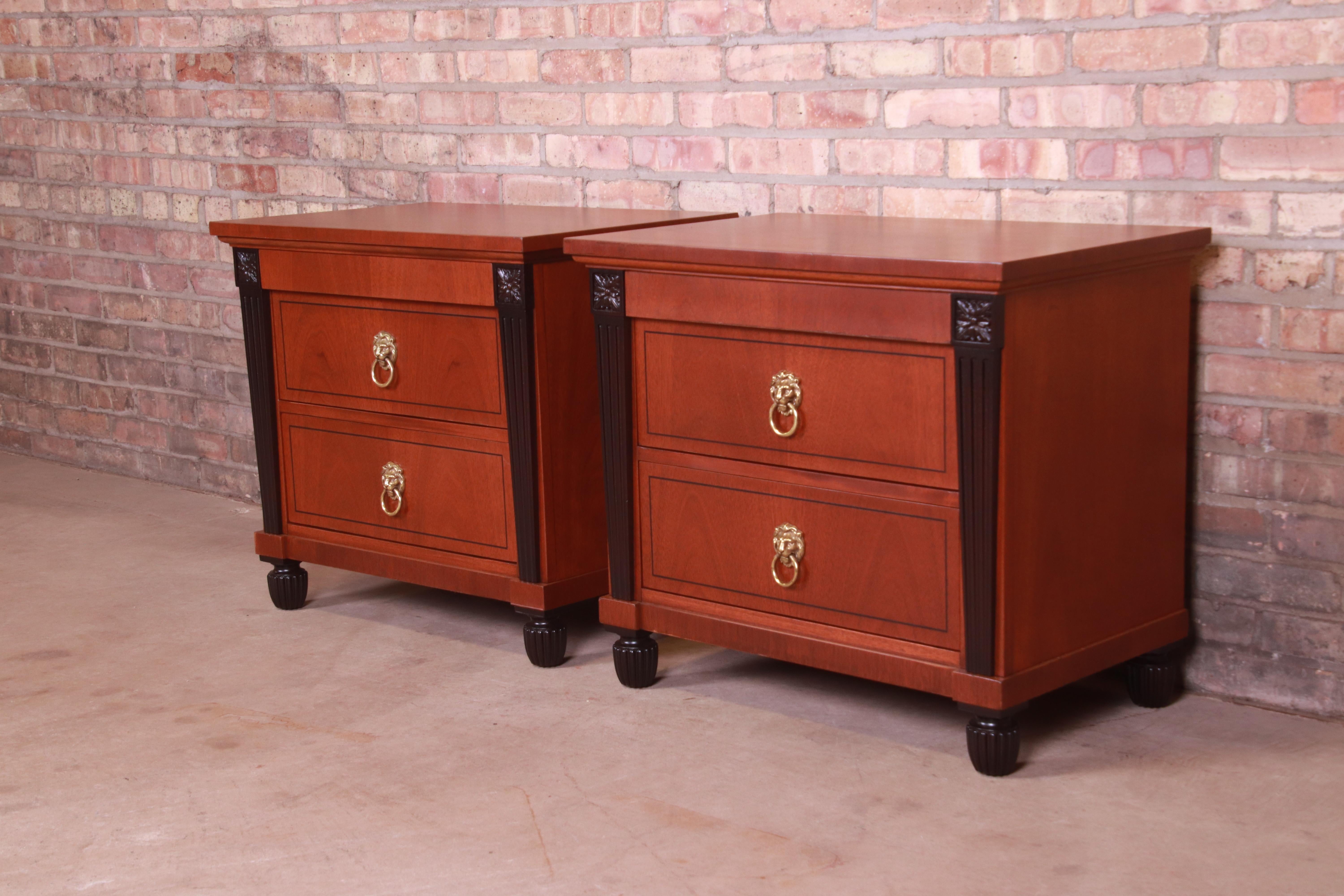 American Baker Furniture Neoclassical Mahogany and Ebonized Nightstands, Refinished