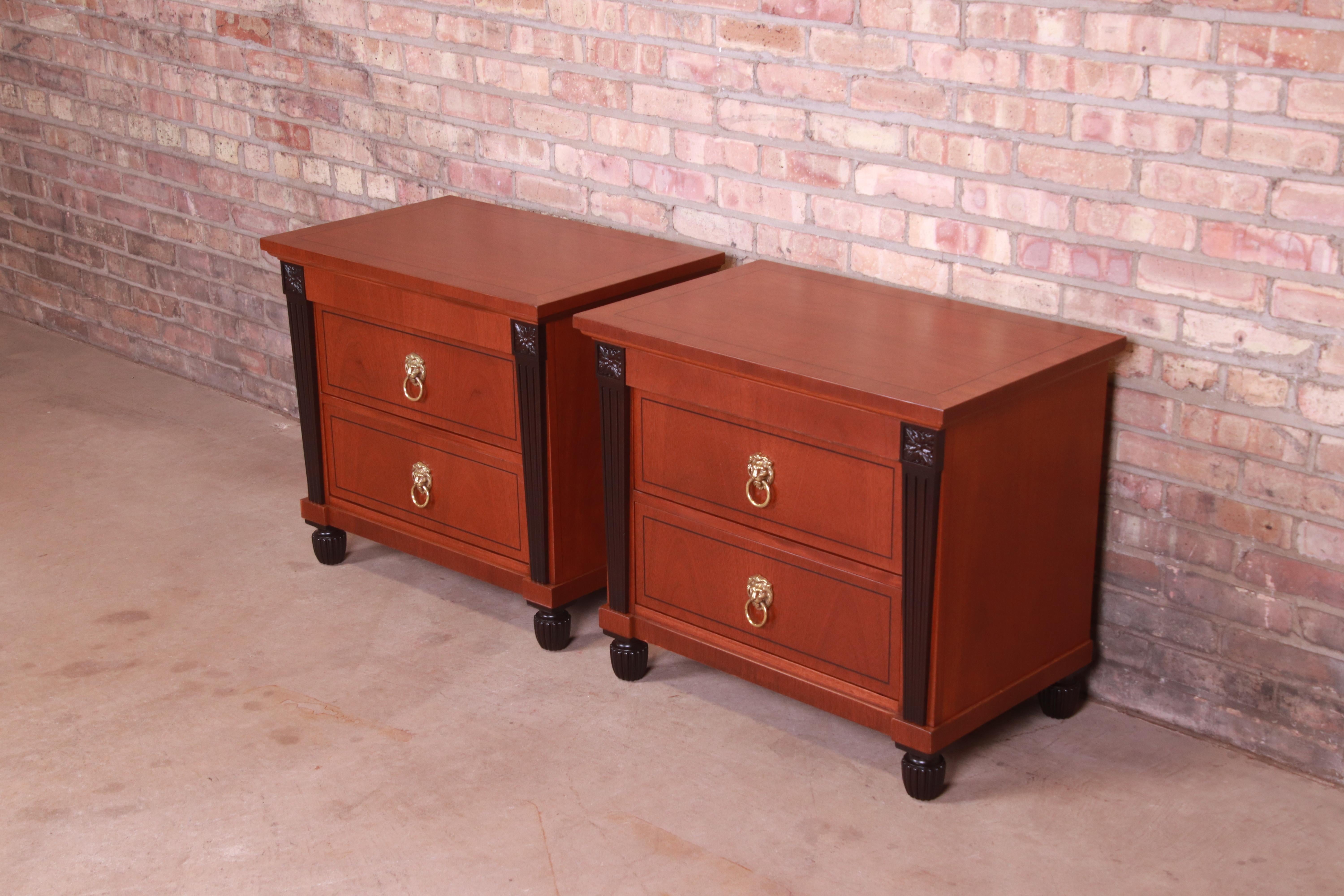 Baker Furniture Neoclassical Mahogany and Ebonized Nightstands, Refinished In Good Condition In South Bend, IN