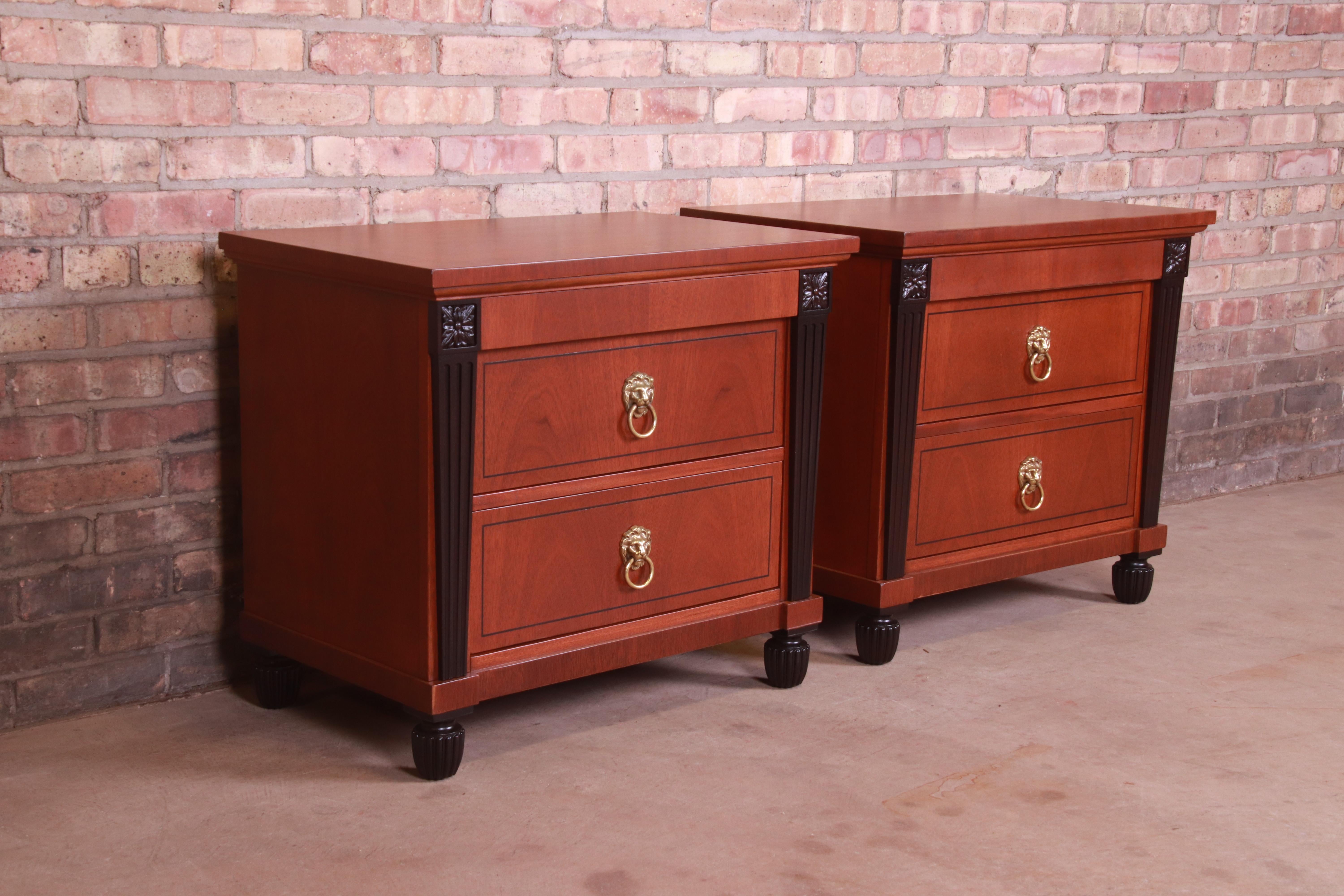 Brass Baker Furniture Neoclassical Mahogany and Ebonized Nightstands, Refinished