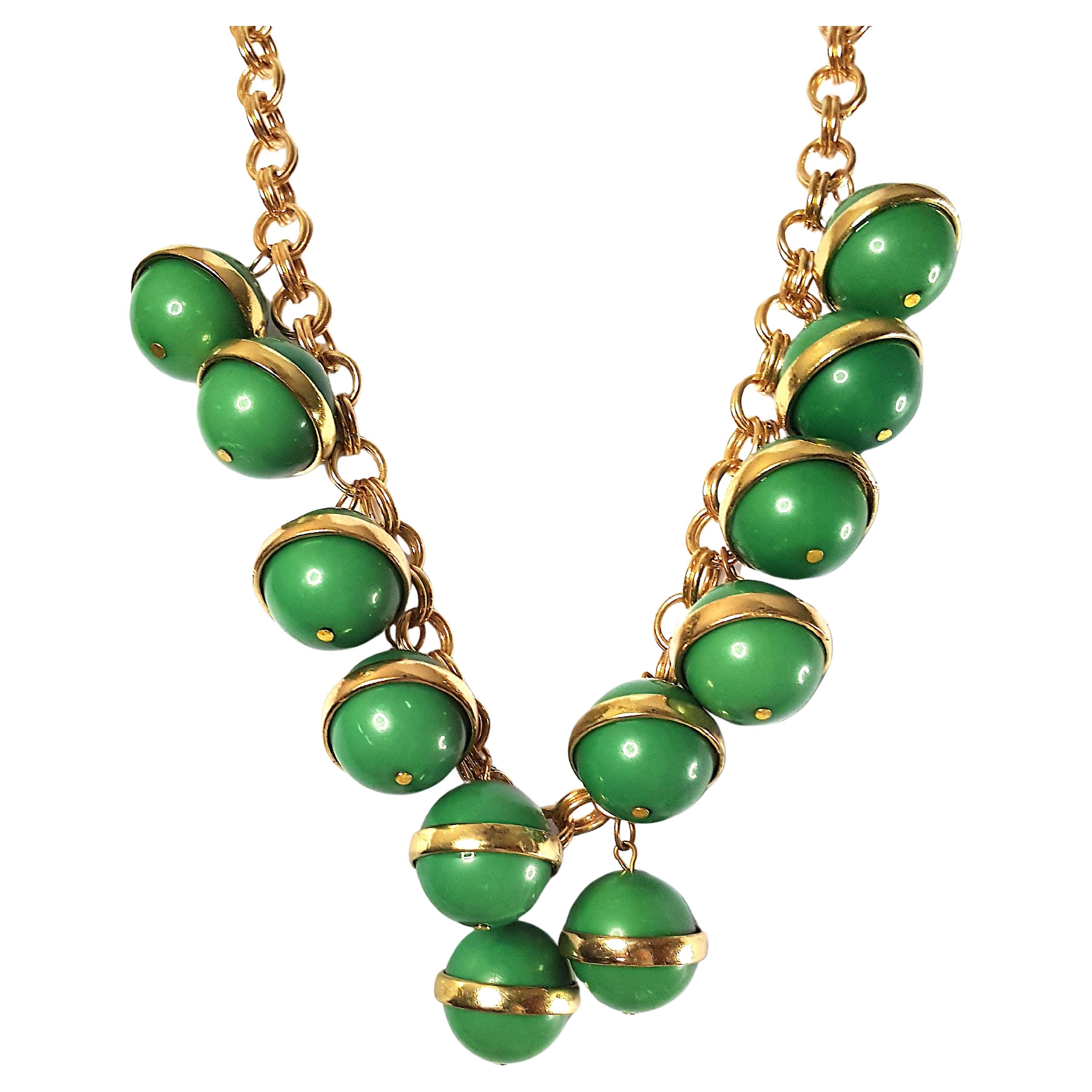 Art Deco Bakelite 1930s German ArtDeco GoldRinged EmeraldBallPendants ChainLink Necklace For Sale