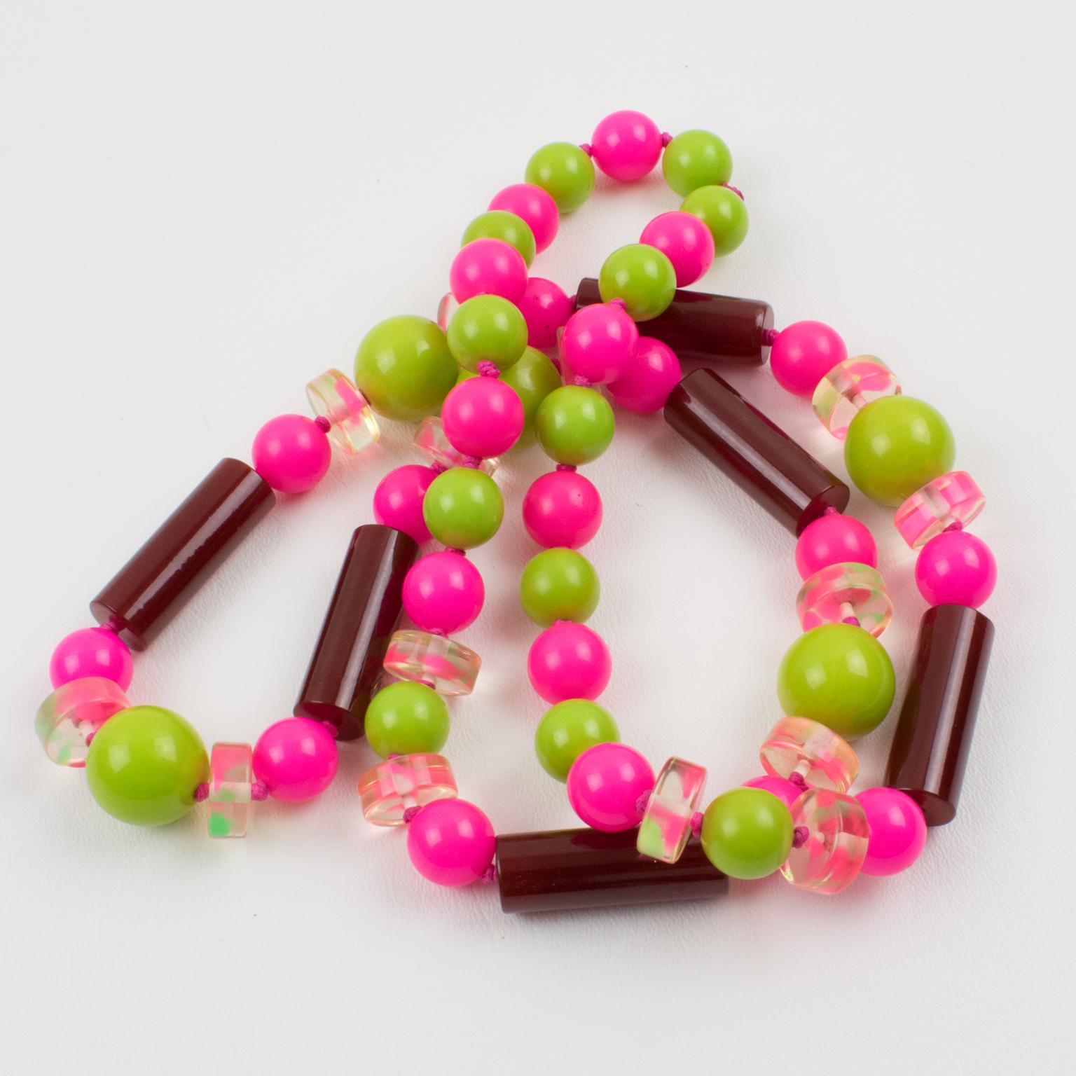 Bakelite and Lucite Extra Long Necklace Burgundy, Hot Pink, Apple Green Beads For Sale 4