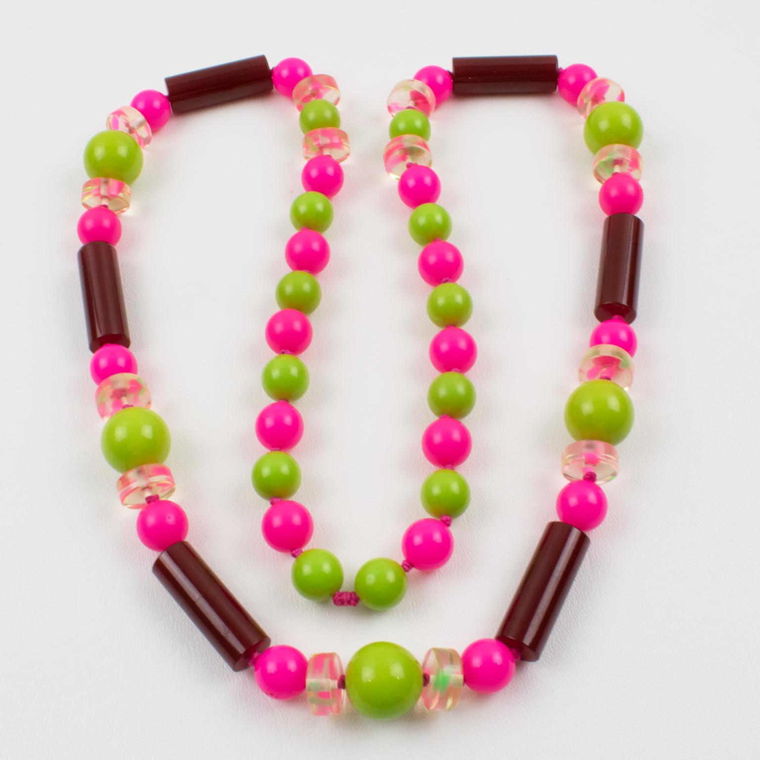 Modern Bakelite and Lucite Extra Long Necklace Burgundy, Hot Pink, Apple Green Beads For Sale