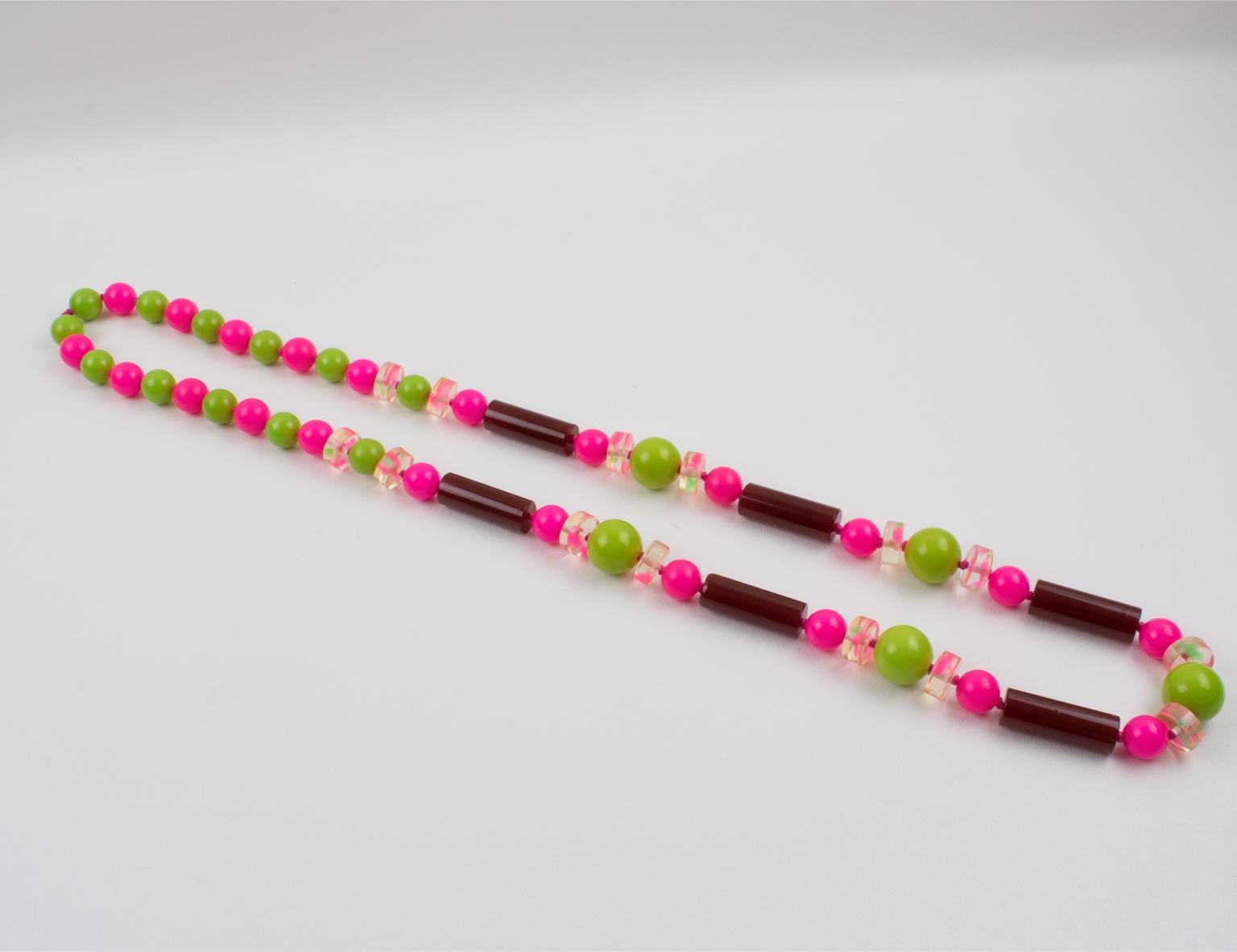 Women's or Men's Bakelite and Lucite Extra Long Necklace Burgundy, Hot Pink, Apple Green Beads For Sale