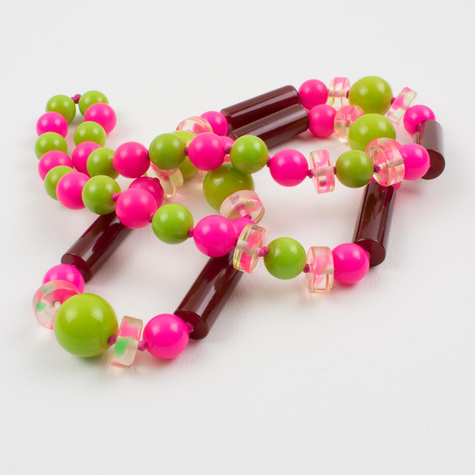 Bakelite and Lucite Extra Long Necklace Burgundy, Hot Pink, Apple Green Beads For Sale 1