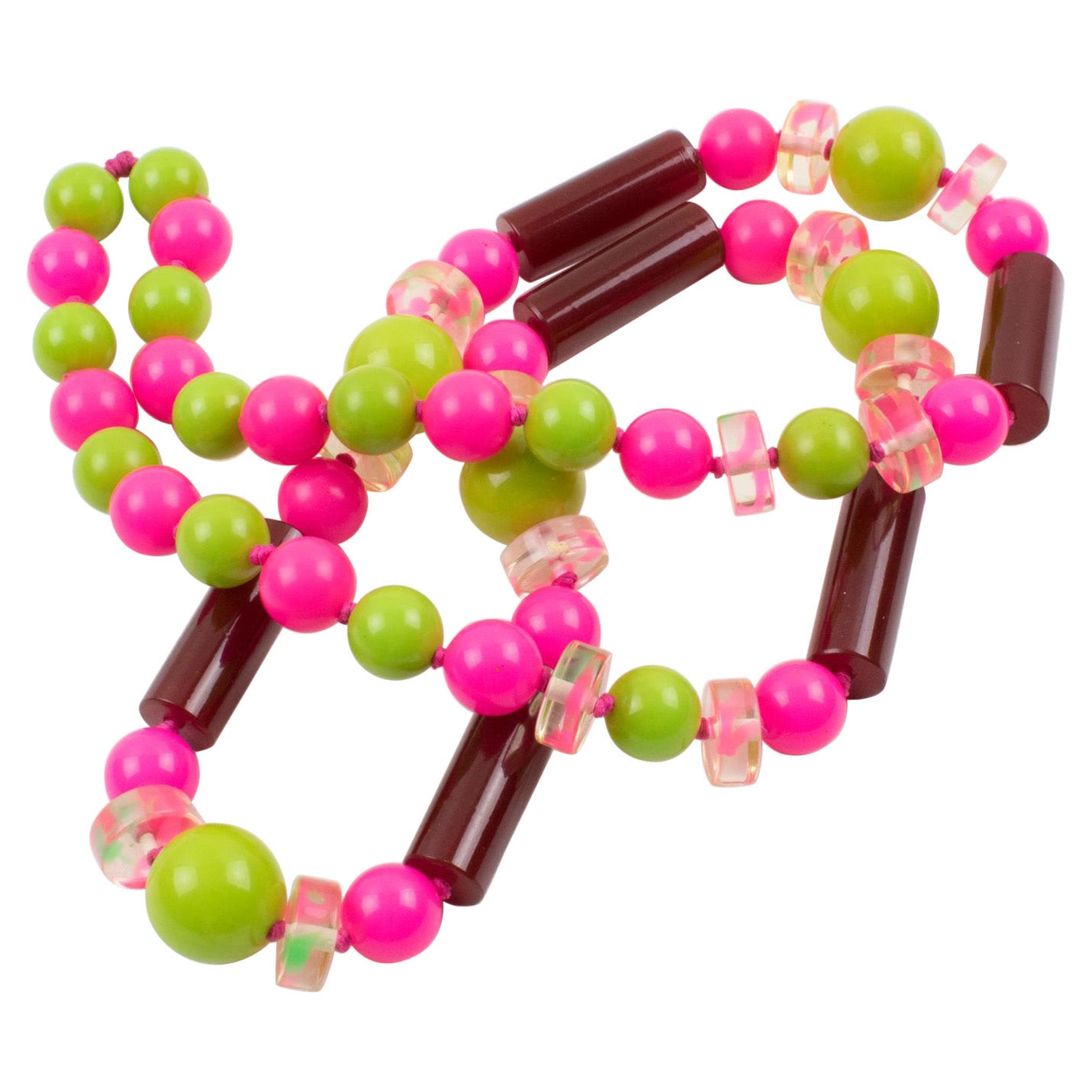 Bakelite and Lucite Extra Long Necklace Burgundy, Hot Pink, Apple Green Beads For Sale