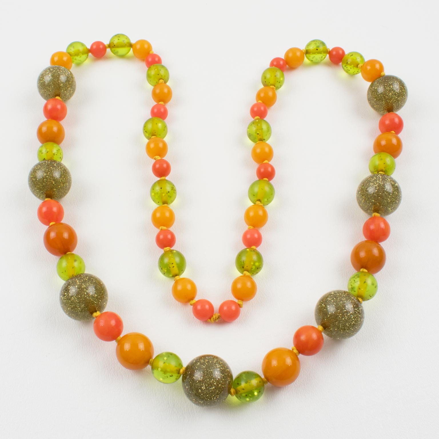 Women's or Men's Bakelite and Lucite Extra Long Necklace with Orange, Green and Glitter Beads For Sale