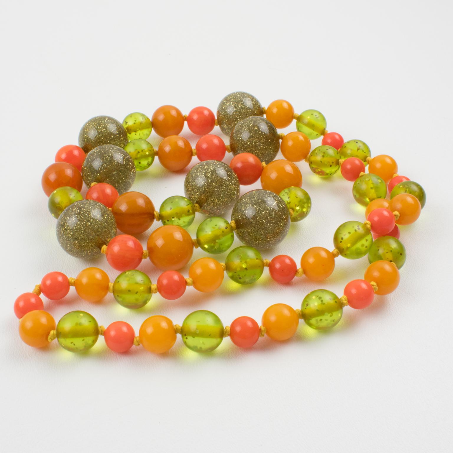 Bakelite and Lucite Extra Long Necklace with Orange, Green and Glitter Beads For Sale 1