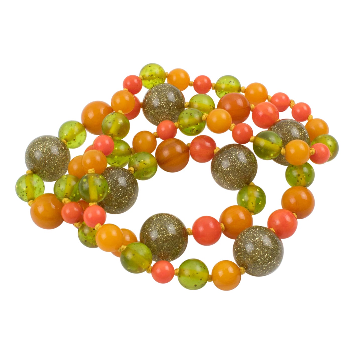 Bakelite and Lucite Extra Long Necklace with Orange, Green and Glitter Beads For Sale