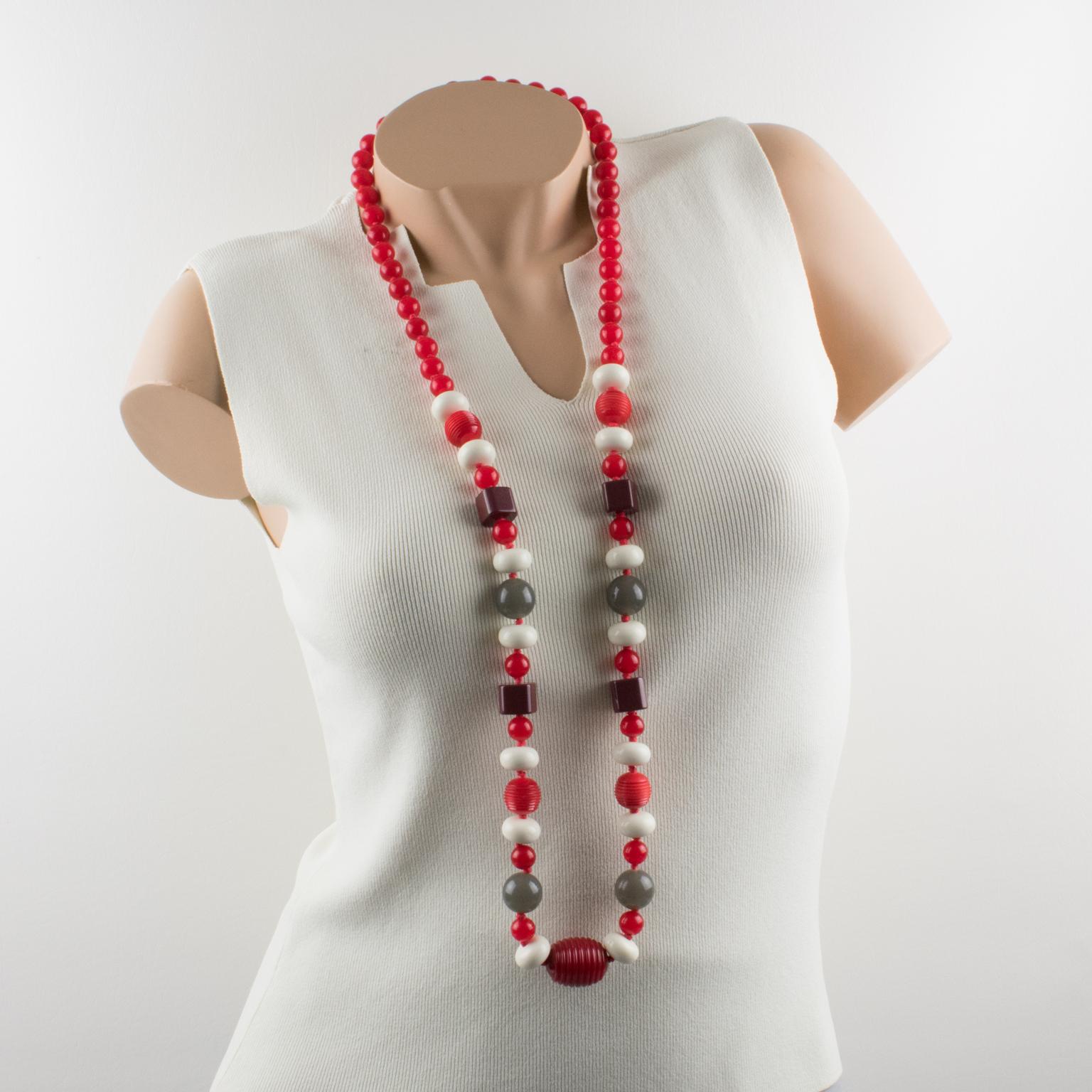Art Deco Bakelite and Lucite Long Necklace Gray, White, and Red Colors For Sale
