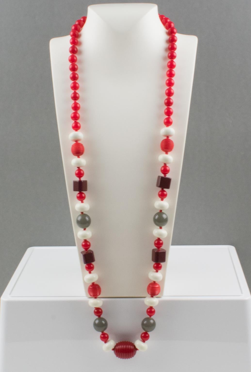 Women's or Men's Bakelite and Lucite Long Necklace Gray, White, and Red Colors For Sale