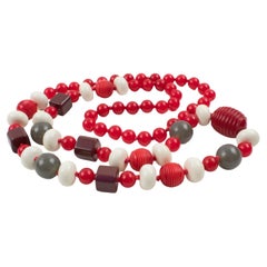 Bakelite and Lucite Long Necklace Gray, White, and Red Colors