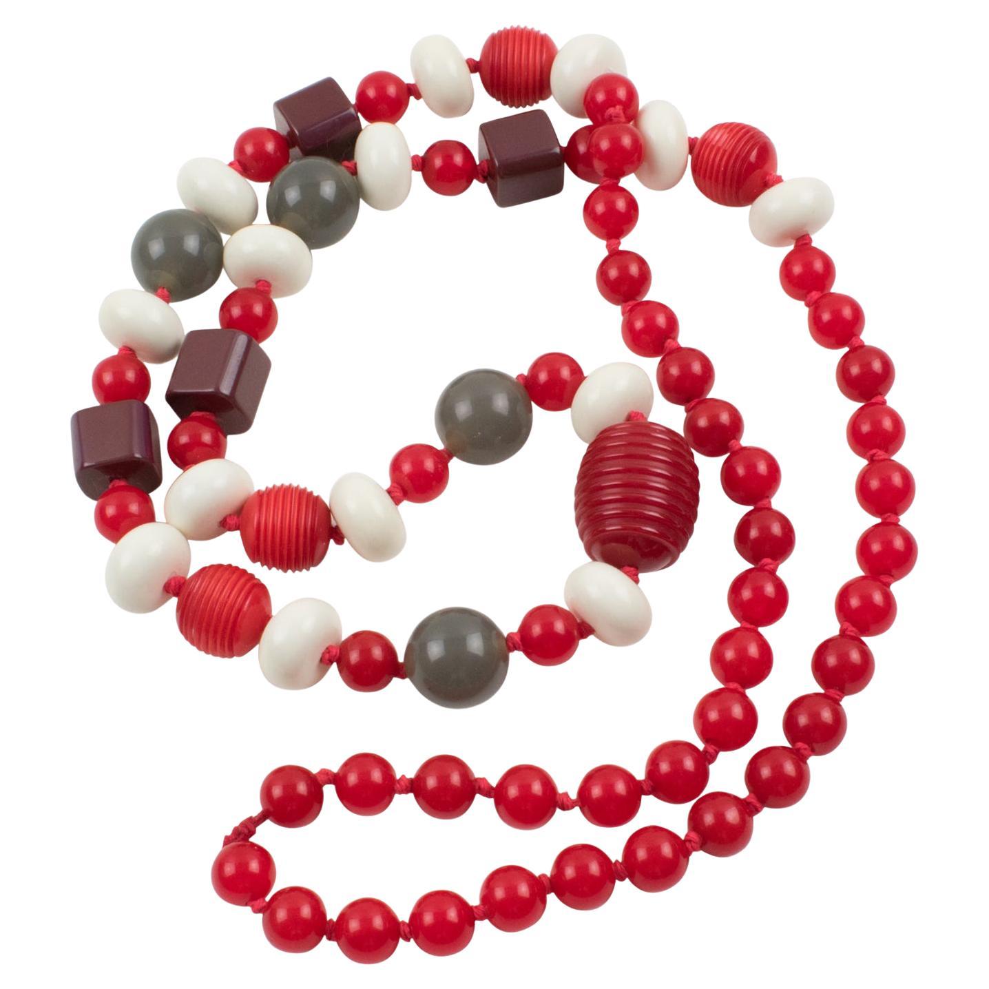 Bakelite and Lucite Long Necklace Gray, White, and Red Colors For Sale