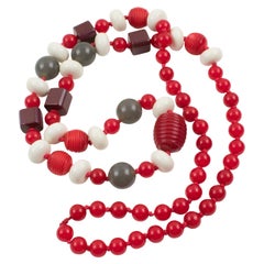 Vintage Bakelite and Lucite Long Necklace Gray, White, and Red Colors