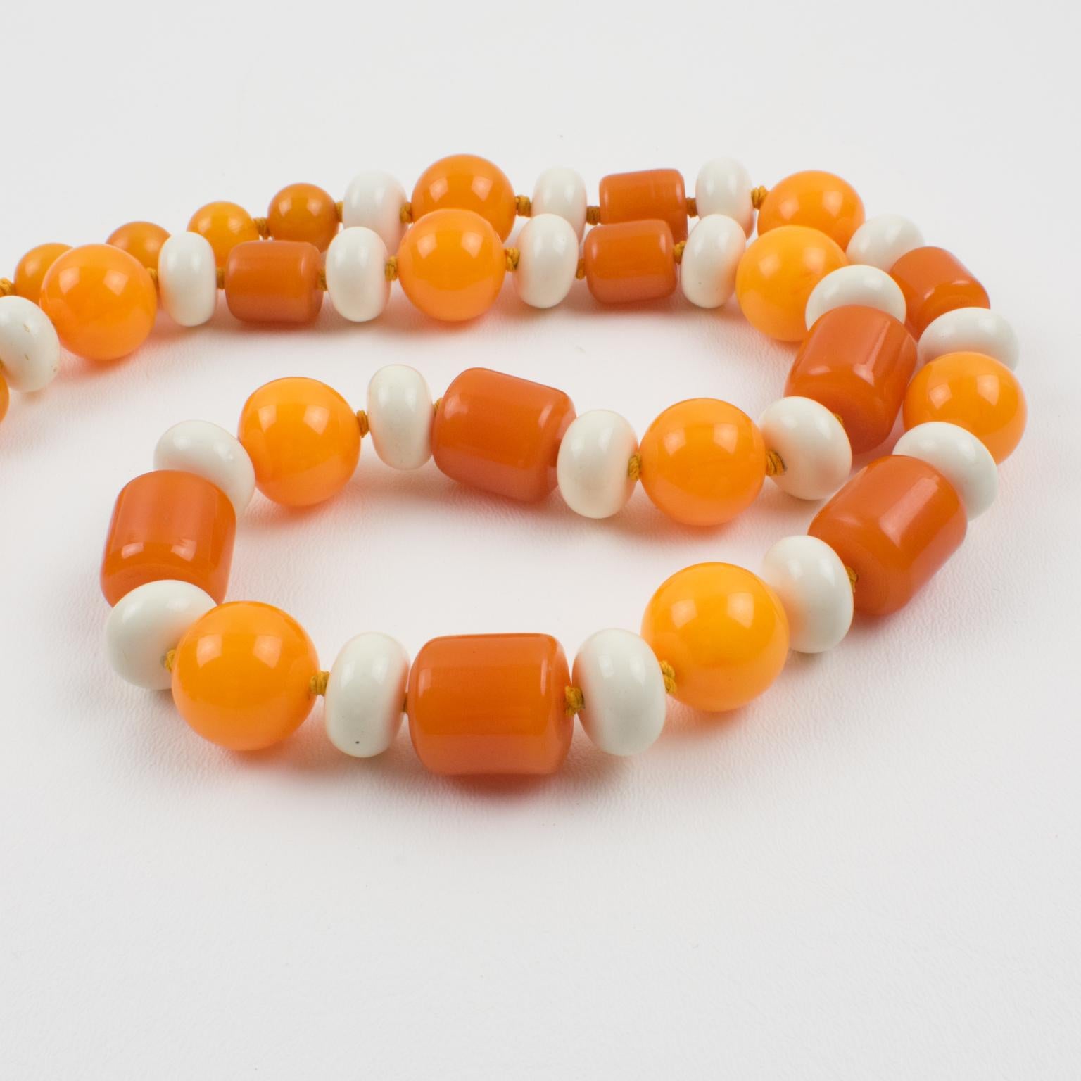 Bakelite and Lucite Long Necklace Orange and White Colors For Sale 5