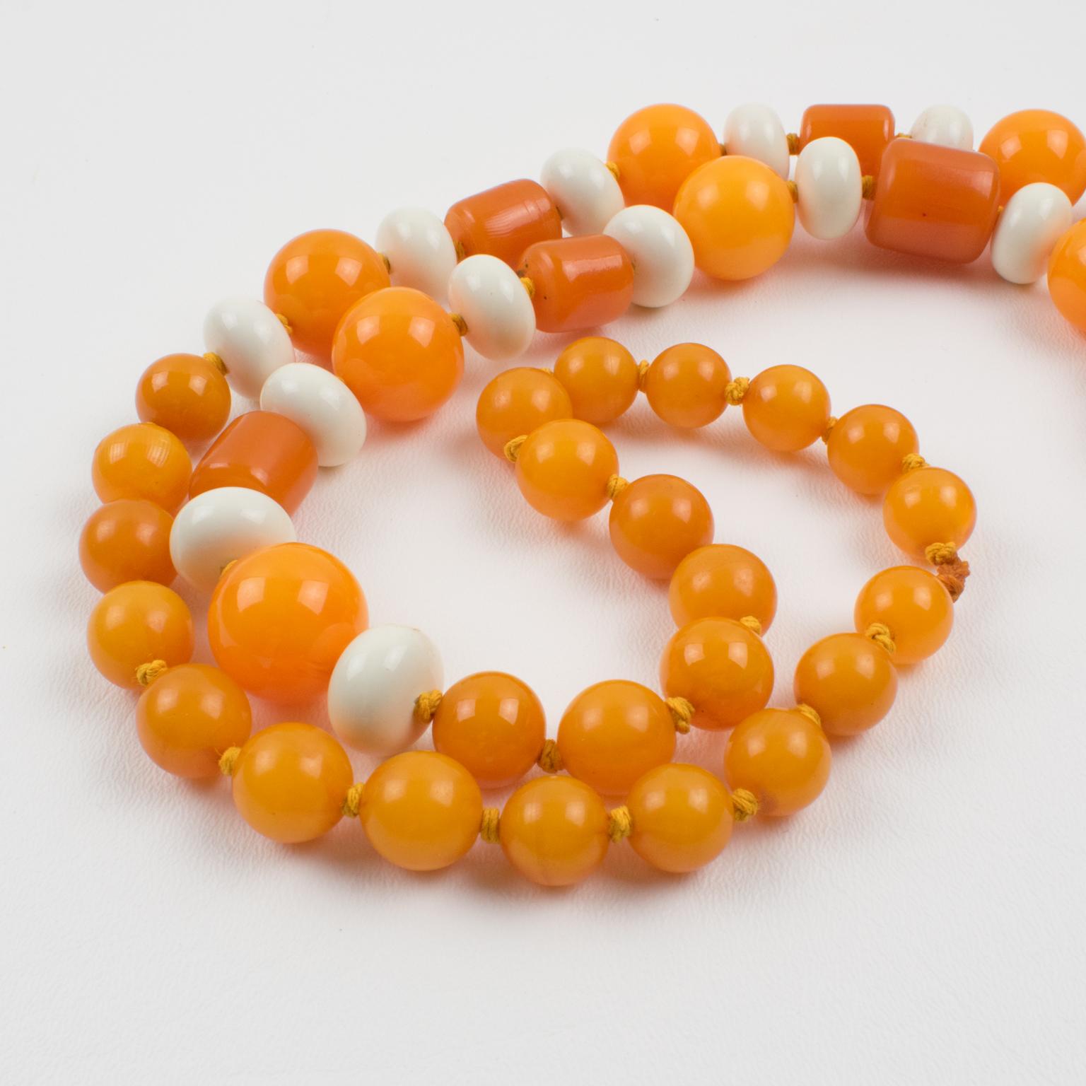 Bakelite and Lucite Long Necklace Orange and White Colors For Sale 6