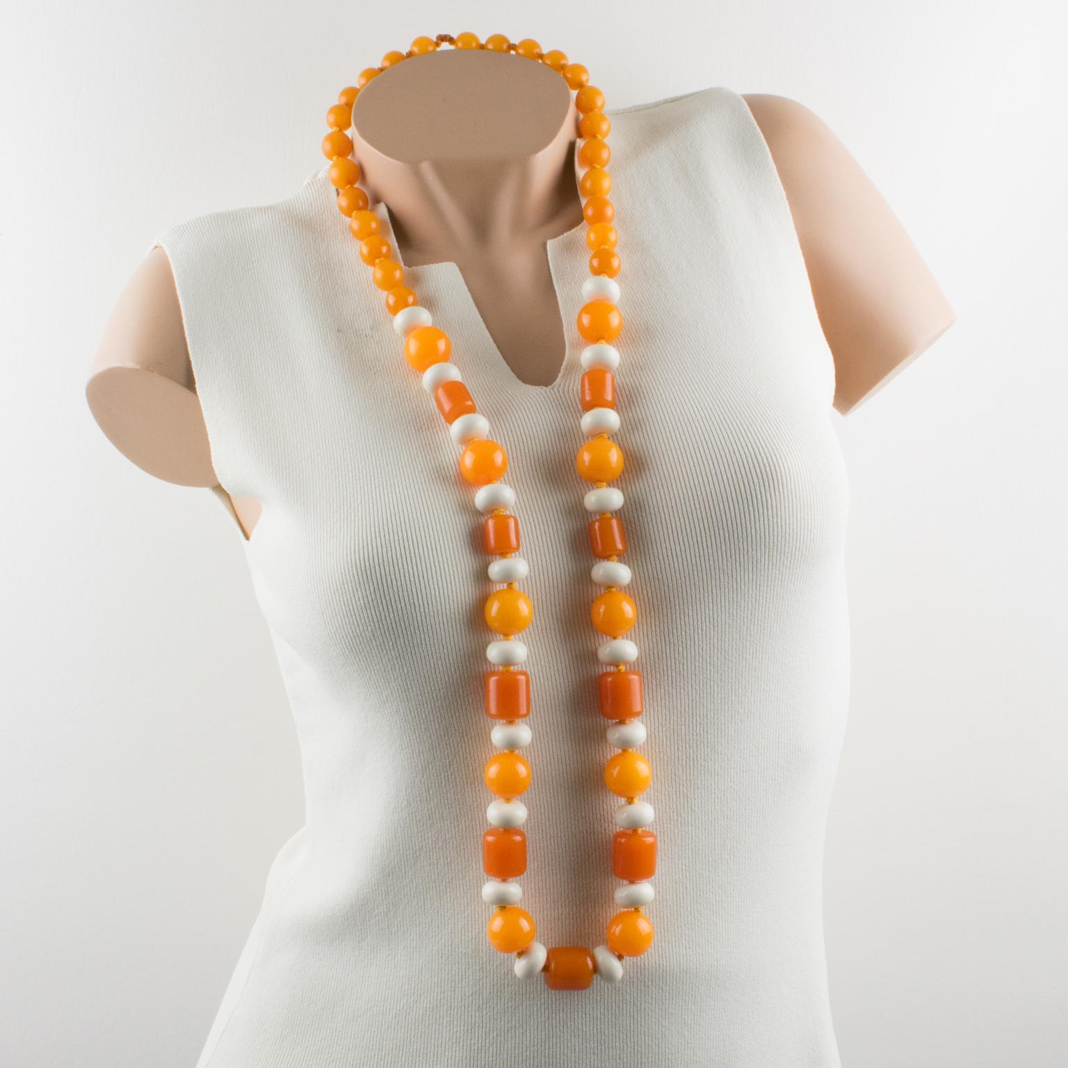 Art Deco Bakelite and Lucite Long Necklace Orange and White Colors For Sale