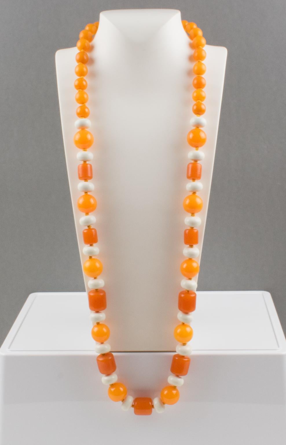 Bakelite and Lucite Long Necklace Orange and White Colors For Sale 1