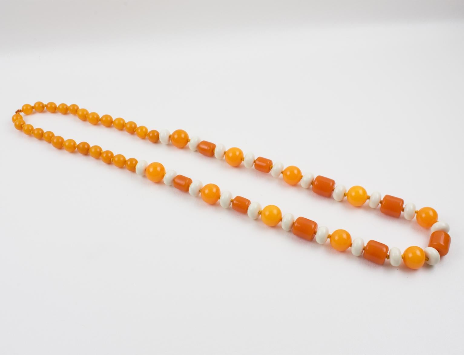 Bakelite and Lucite Long Necklace Orange and White Colors For Sale 2