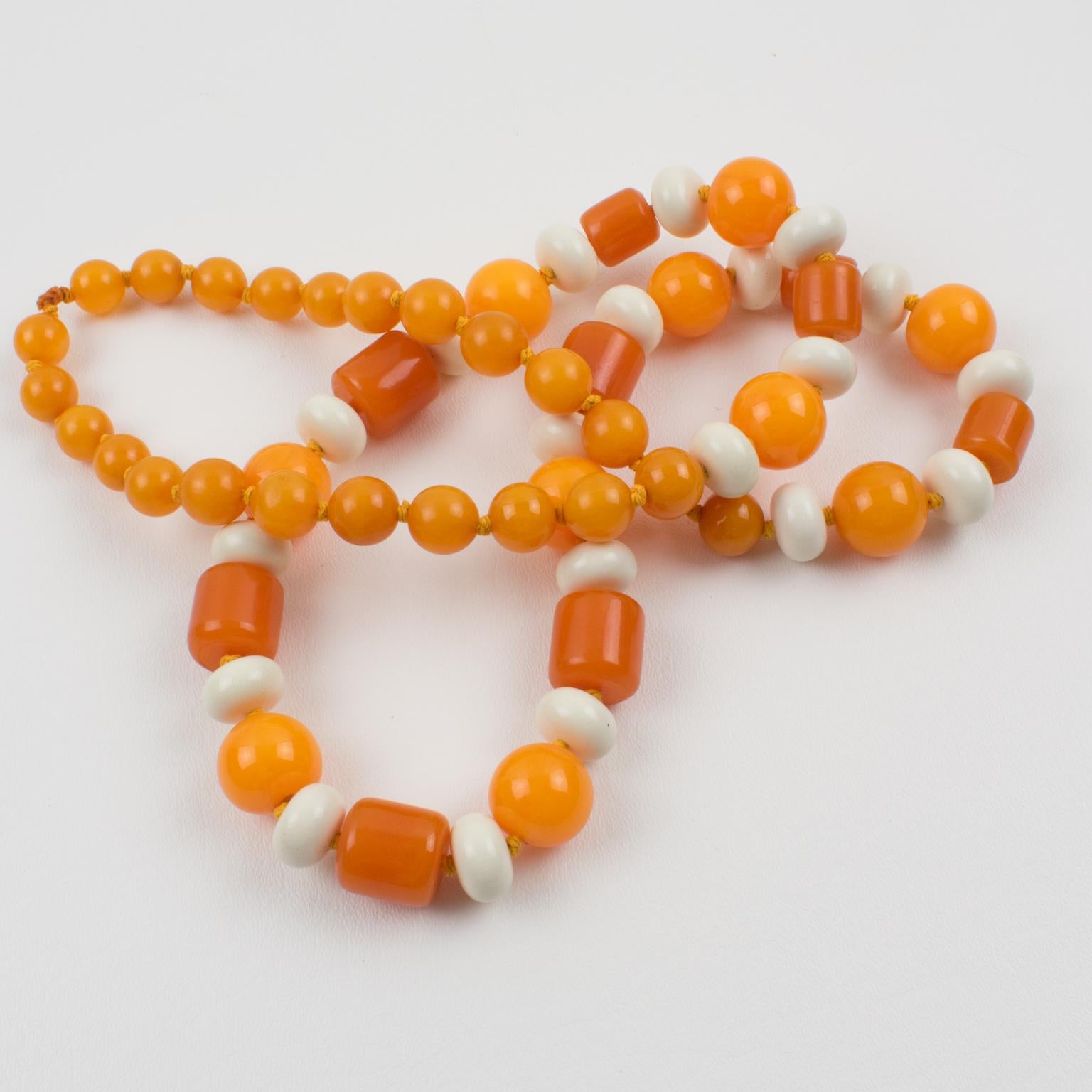 Bakelite and Lucite Long Necklace Orange and White Colors For Sale 3