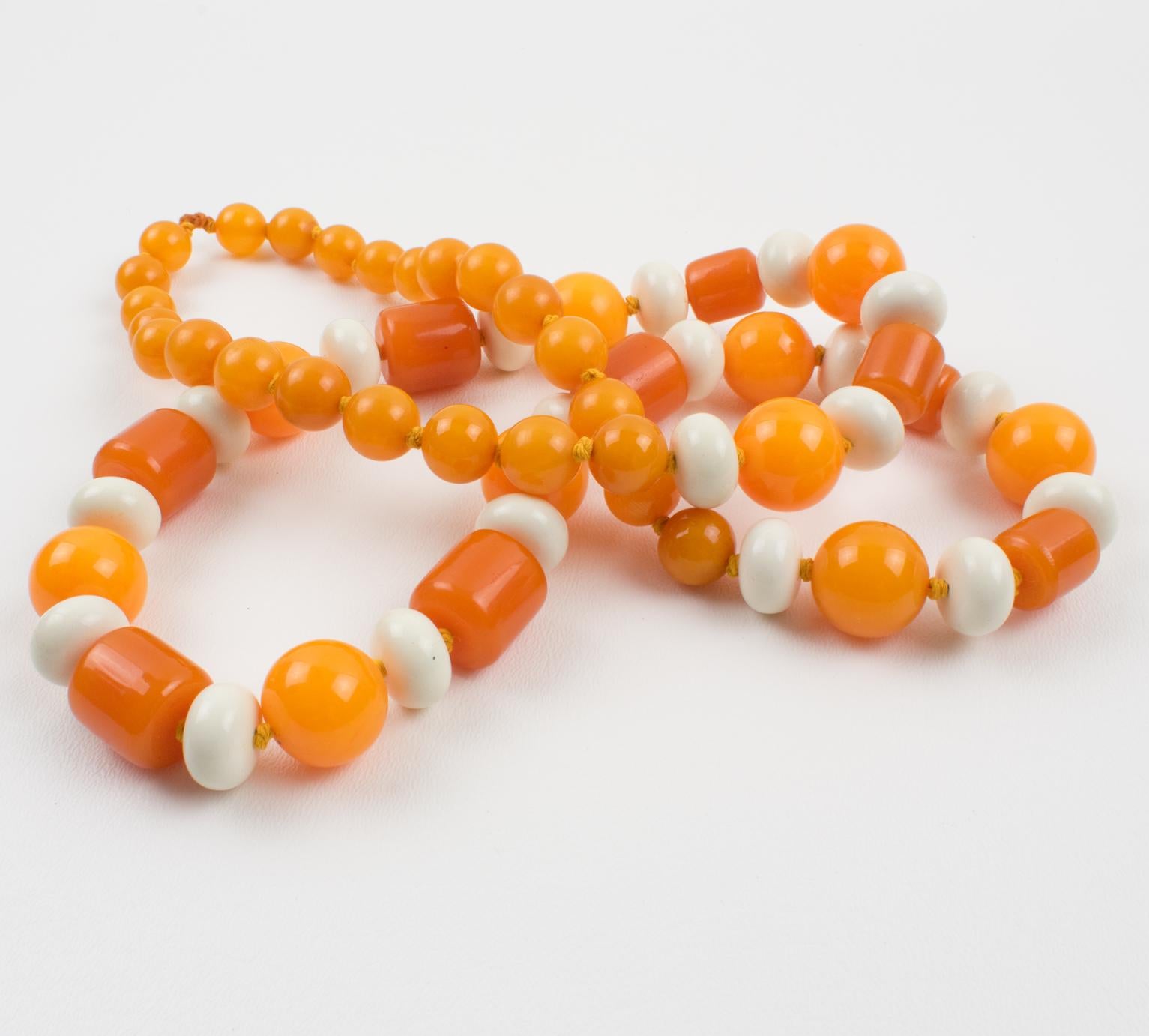 Bakelite and Lucite Long Necklace Orange and White Colors For Sale 4