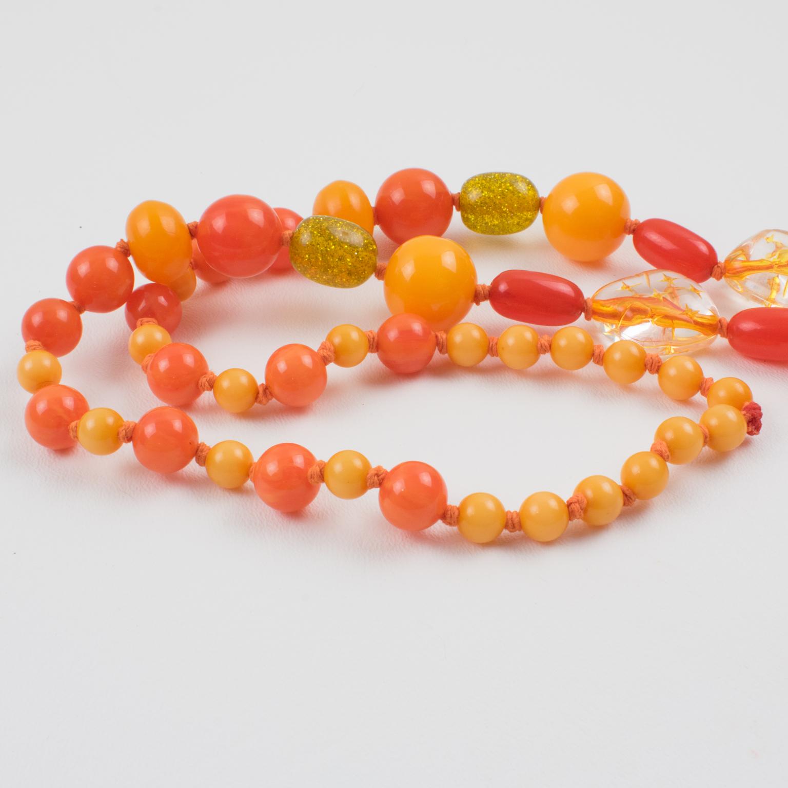 Bakelite and Lucite Long Necklace Sunny Yellow and Orange Colors For Sale 2