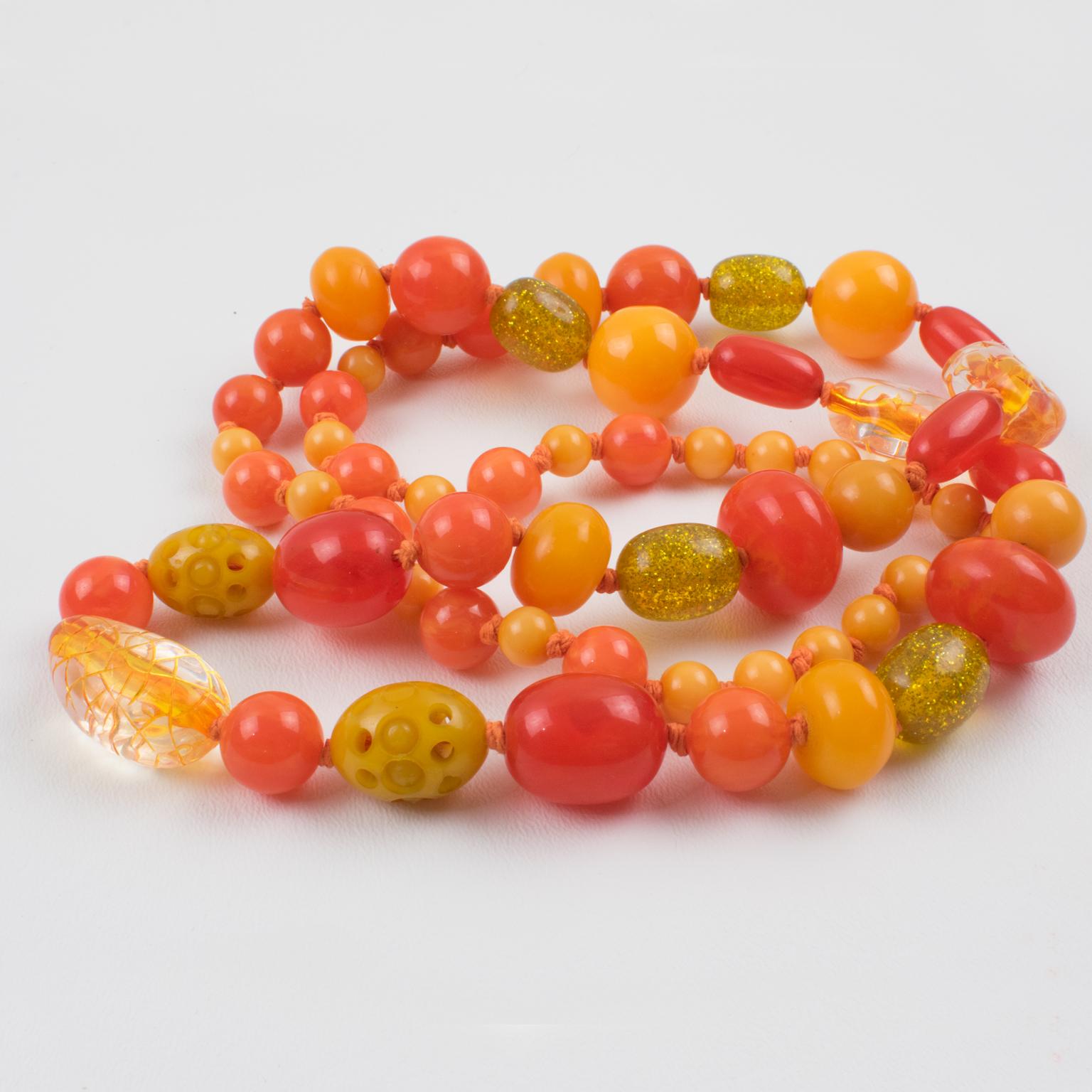Bakelite and Lucite Long Necklace Sunny Yellow and Orange Colors For Sale 3