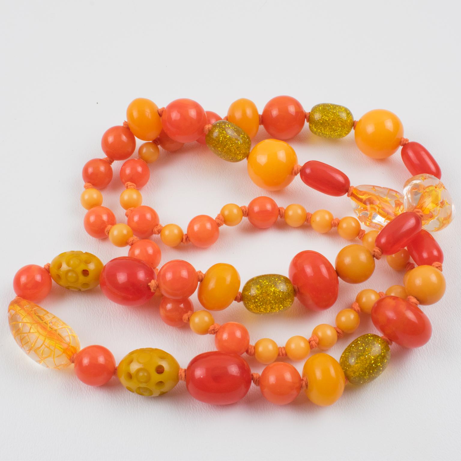 Bakelite and Lucite Long Necklace Sunny Yellow and Orange Colors For Sale 4