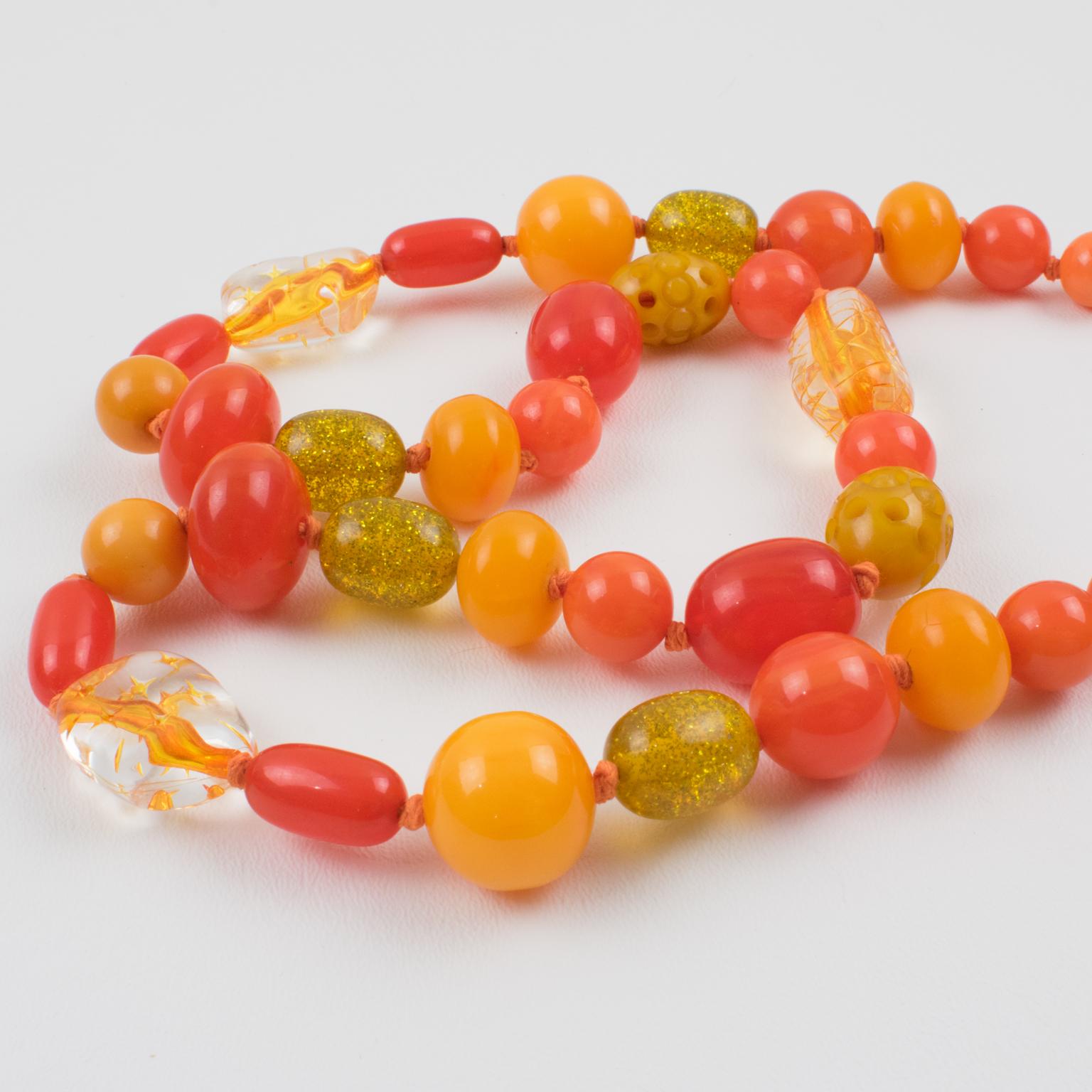 Bakelite and Lucite Long Necklace Sunny Yellow and Orange Colors For Sale 1