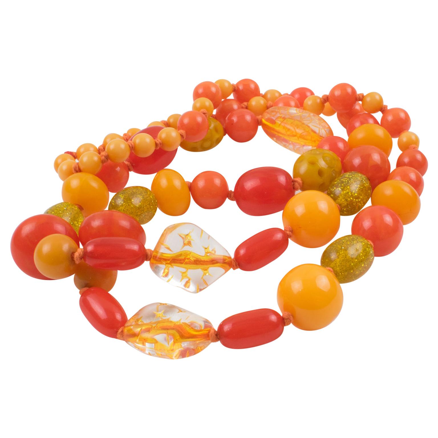 Bakelite and Lucite Long Necklace Sunny Yellow and Orange Colors For Sale