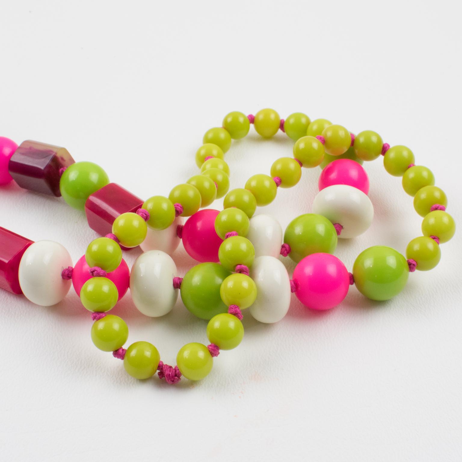 Bakelite and Lucite Long Necklace White, Hot Pink, Apple Green Beads For Sale 4