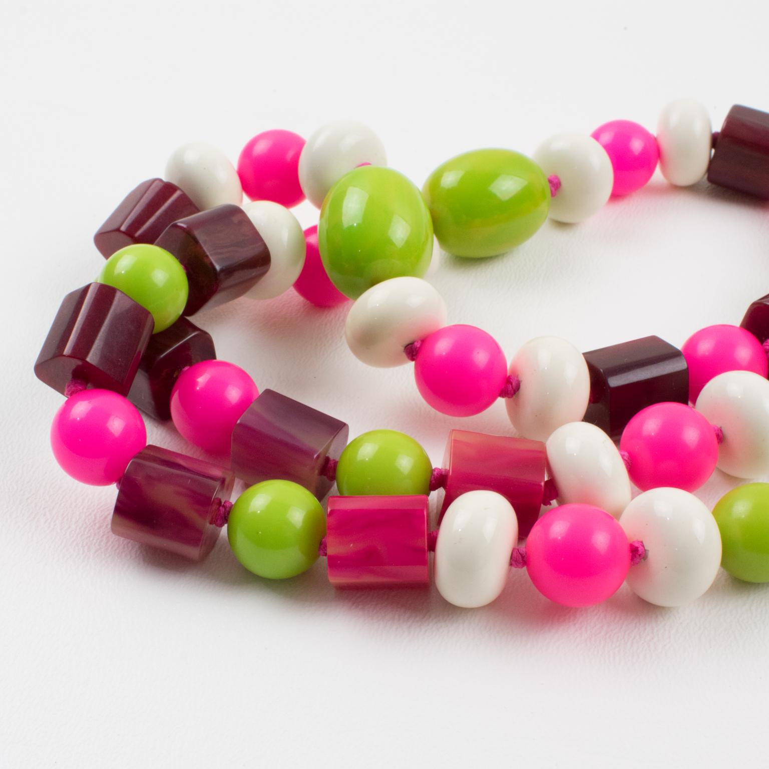 Bakelite and Lucite Long Necklace White, Hot Pink, Apple Green Beads For Sale 5