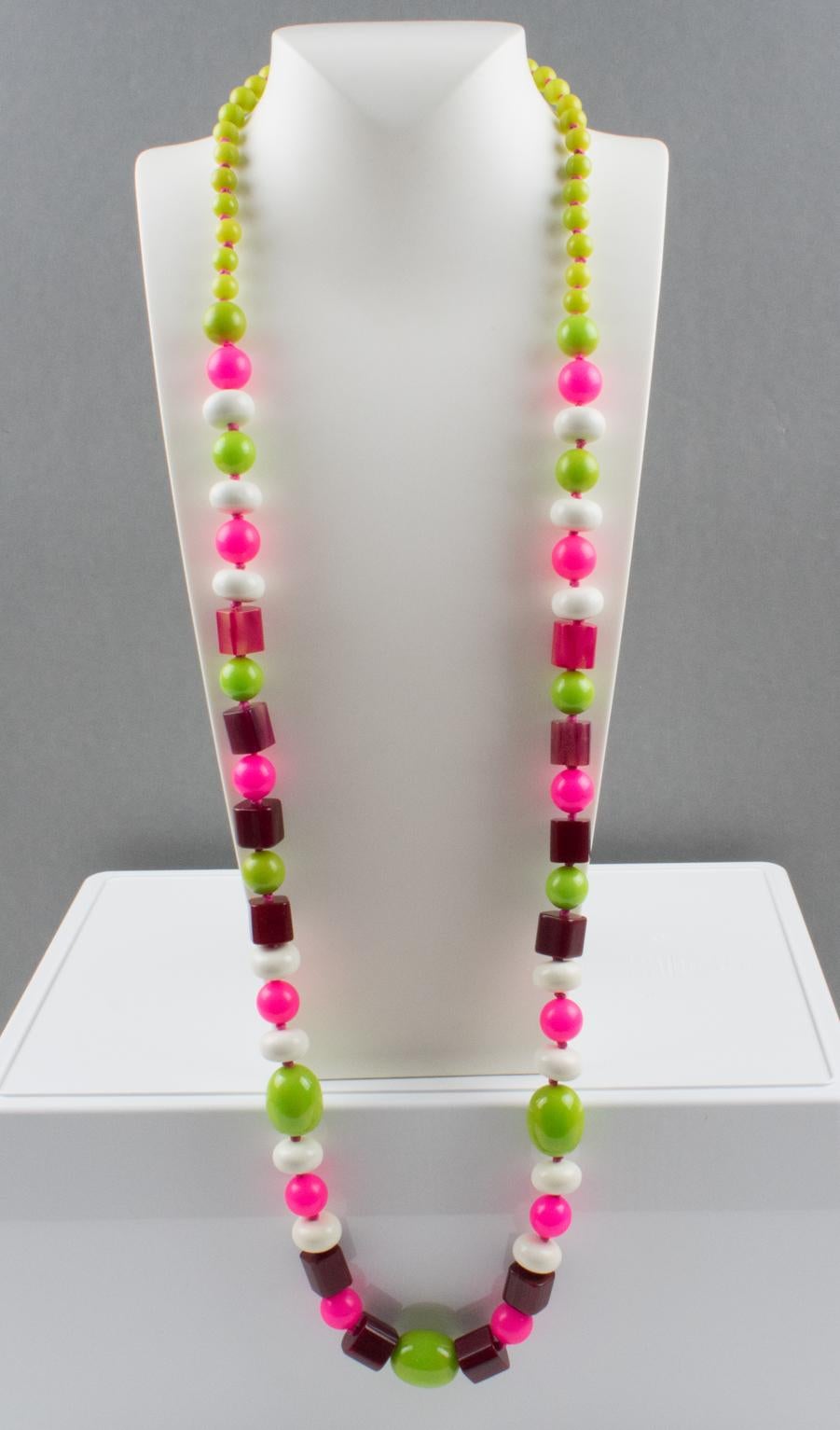 Art Deco Bakelite and Lucite Long Necklace White, Hot Pink, Apple Green Beads For Sale