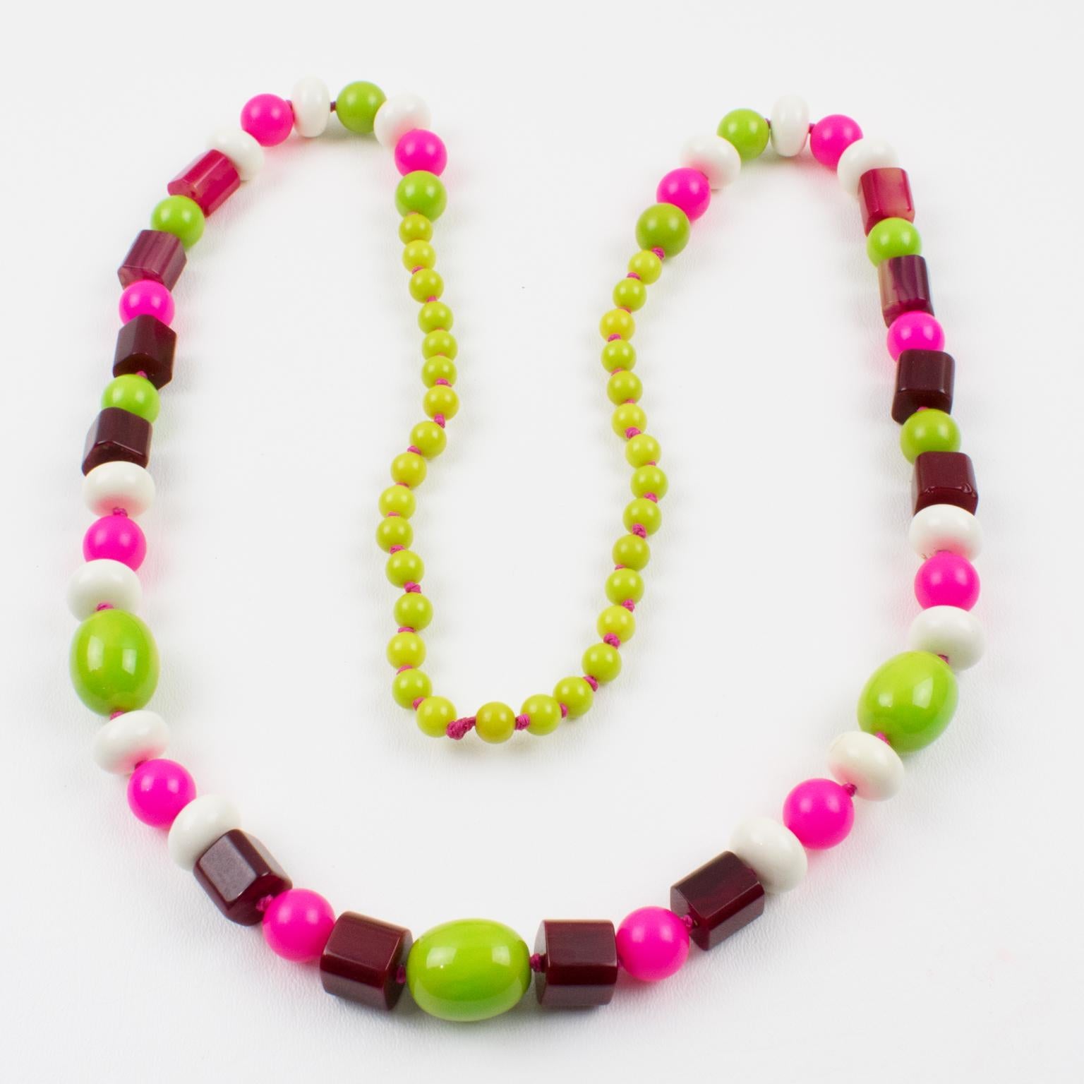 Women's or Men's Bakelite and Lucite Long Necklace White, Hot Pink, Apple Green Beads For Sale