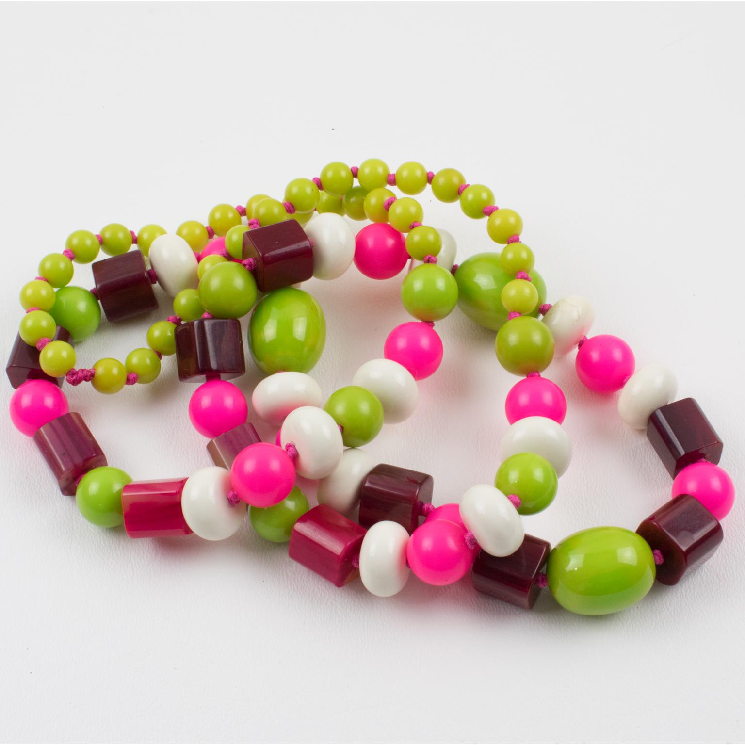 Bakelite and Lucite Long Necklace White, Hot Pink, Apple Green Beads For Sale 1