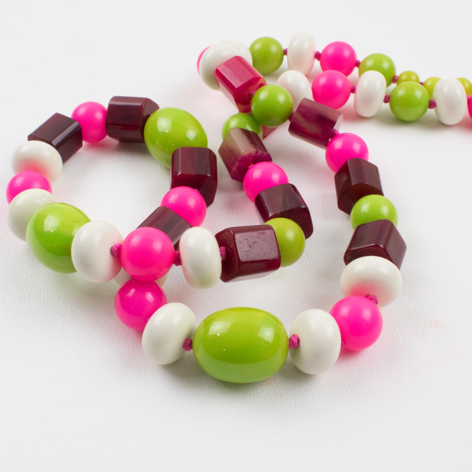 Bakelite and Lucite Long Necklace White, Hot Pink, Apple Green Beads For Sale 3