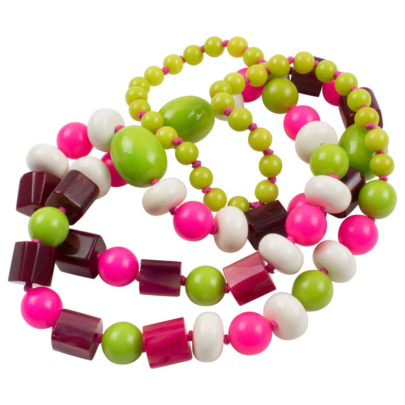 Bakelite and Lucite Long Necklace White, Hot Pink, Apple Green Beads For Sale