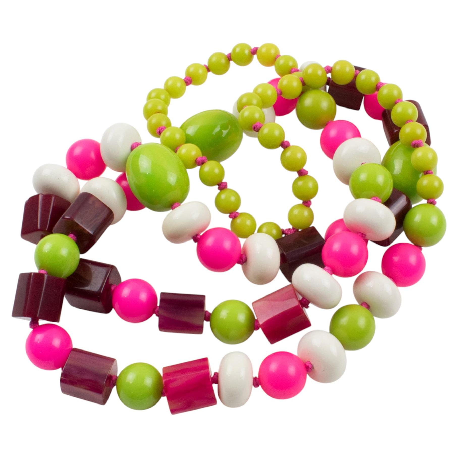 Bakelite and Lucite Long Necklace White, Pink, and Green Colors For Sale