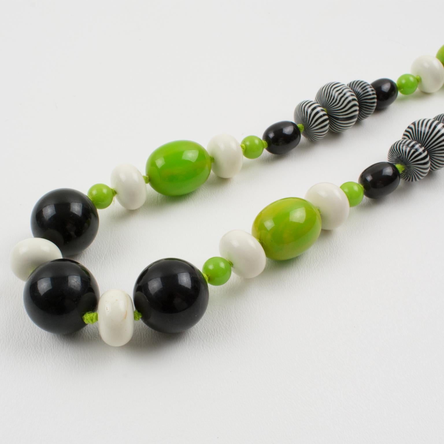 Bakelite and Lucite Necklace Extra Long Shape Black, White and Apple Green Beads 2