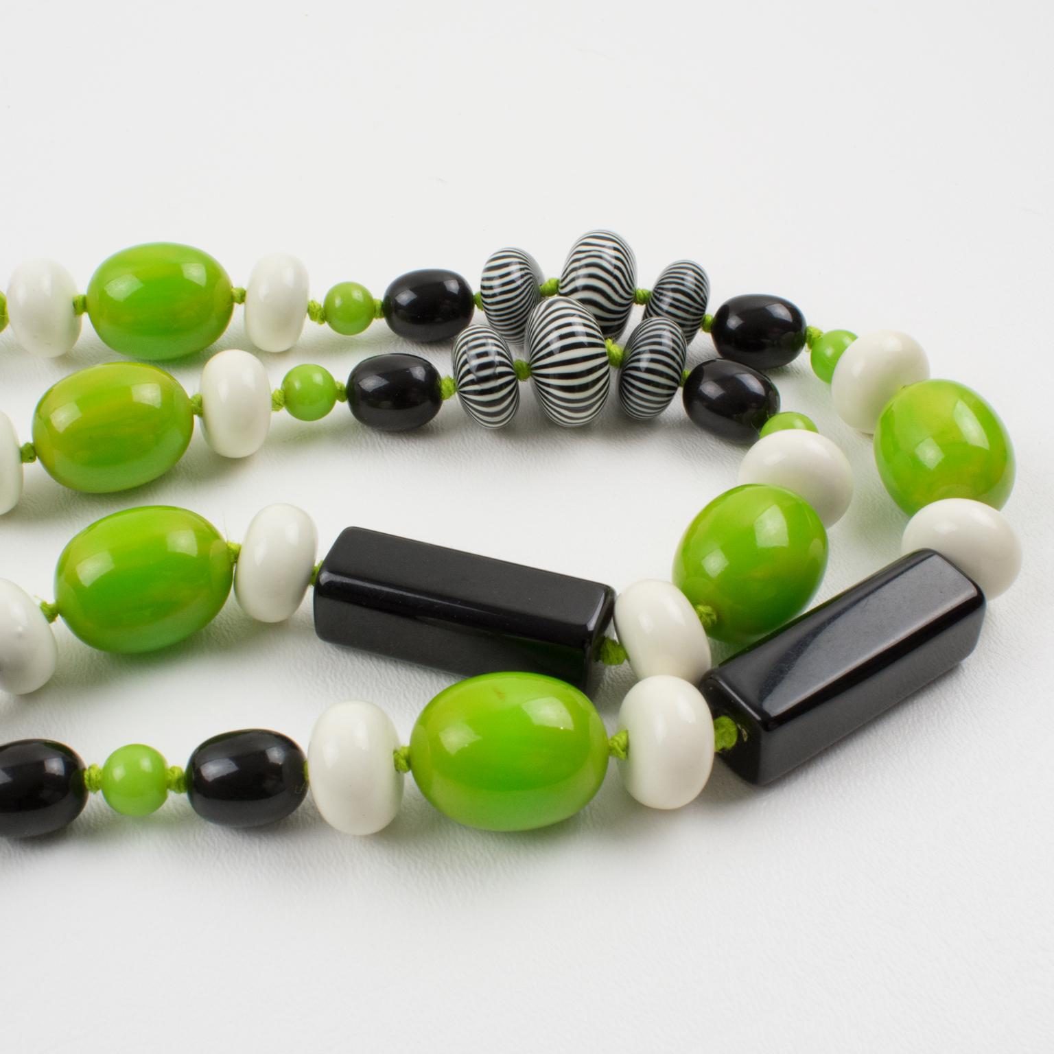 Bakelite and Lucite Necklace Extra Long Shape Black, White and Apple Green Beads 3