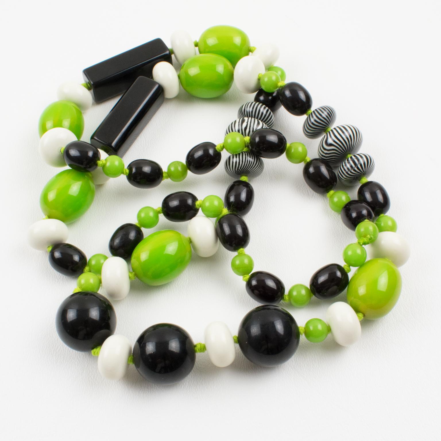 Art Deco Bakelite and Lucite Necklace Extra Long Shape Black, White and Apple Green Beads