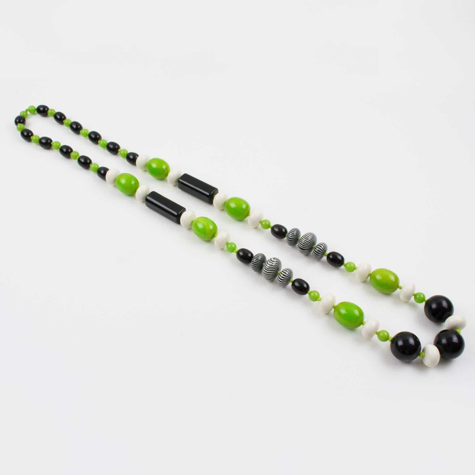 Women's or Men's Bakelite and Lucite Necklace Extra Long Shape Black, White and Apple Green Beads