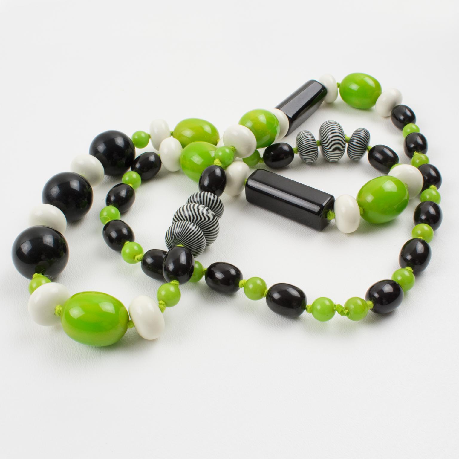 Bakelite and Lucite Necklace Extra Long Shape Black, White and Apple Green Beads 1