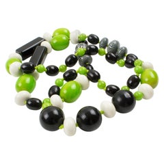 Bakelite and Lucite Necklace Extra Long Shape Black, White and Apple Green Beads