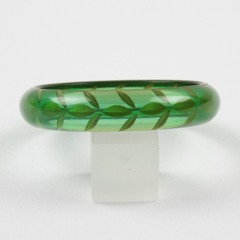 Prystal Bakelite Bangle Bracelet Transparent Prystal Emerald Green Reverse ...