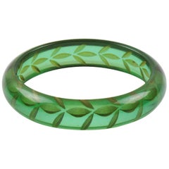 Bakelite Bangle Bracelet Transparent Prystal Emerald Green Reverse Carved Leaf