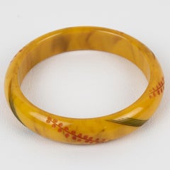 Bakelite Bracelet Bangle Banana Brown with Floral Carving