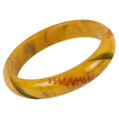 Bakelite Bracelet Bangle Banana Brown with Floral Carving